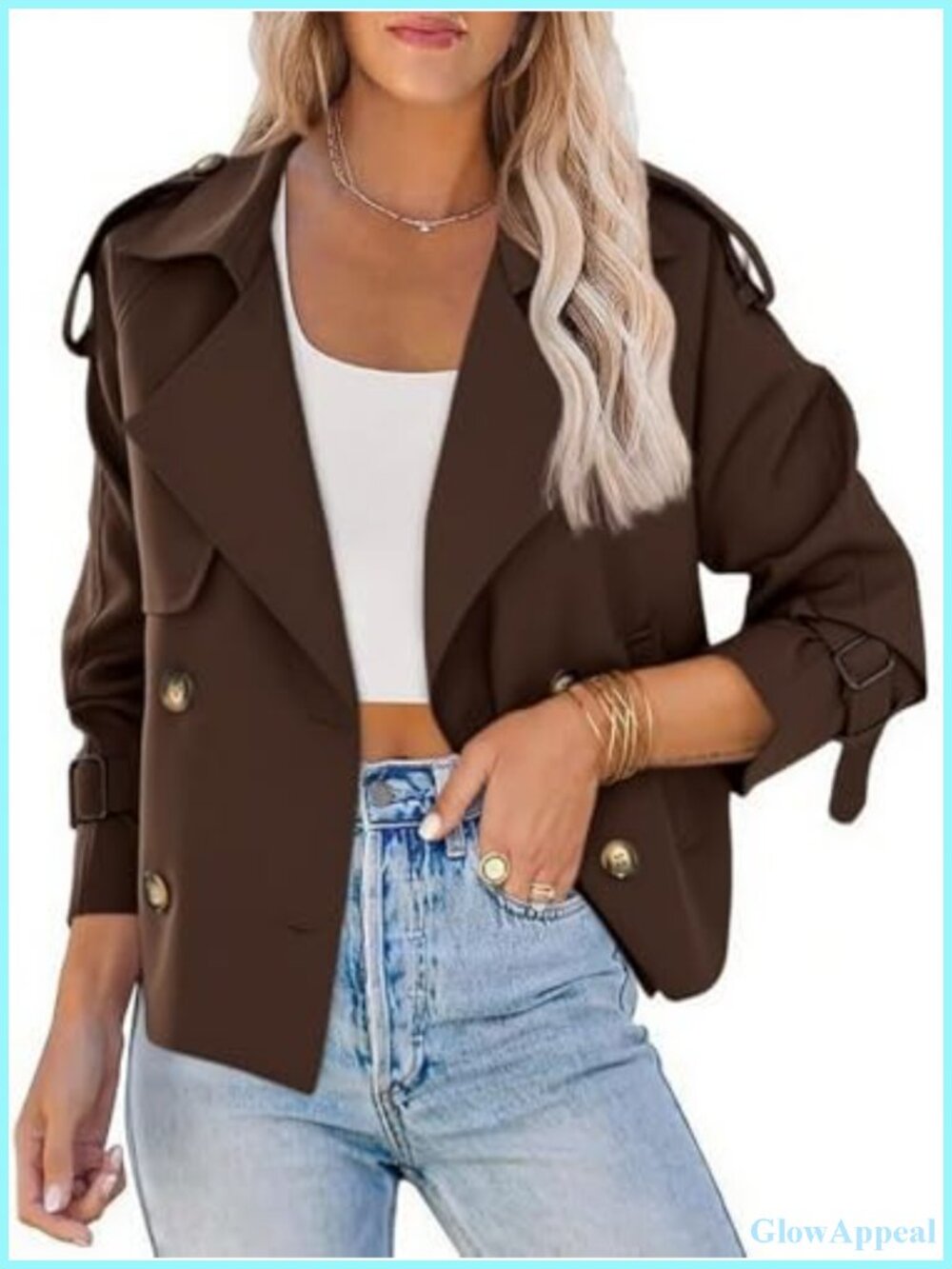 Women's Cropped Trench Coat Double-Breasted Short Jacket Fall Outfit